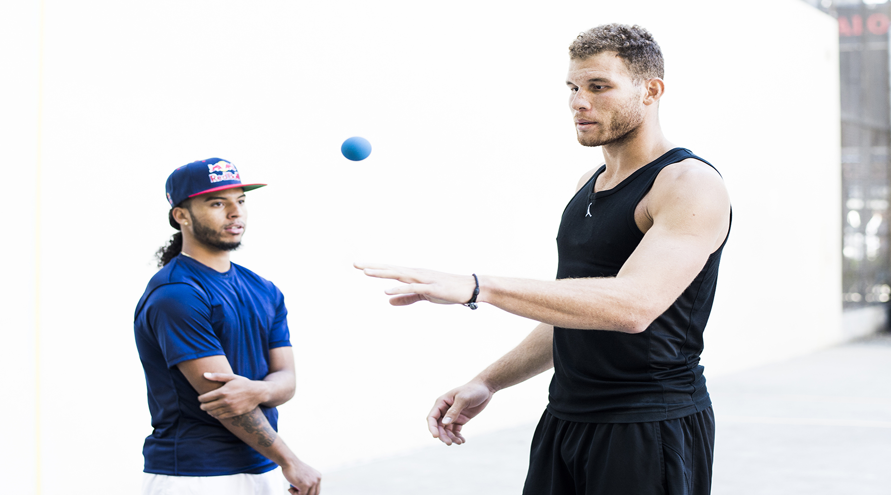 NBA player Blake Griffin trains with handball player Timbo at the the West 4th Street handball courts in New York, NY USA on 15 September, 2015. // Rob Tringali/Red Bull Content Pool // P-20151007-00506 // Usage for editorial use only // Please go to www.redbullcontentpool.com for further information. //