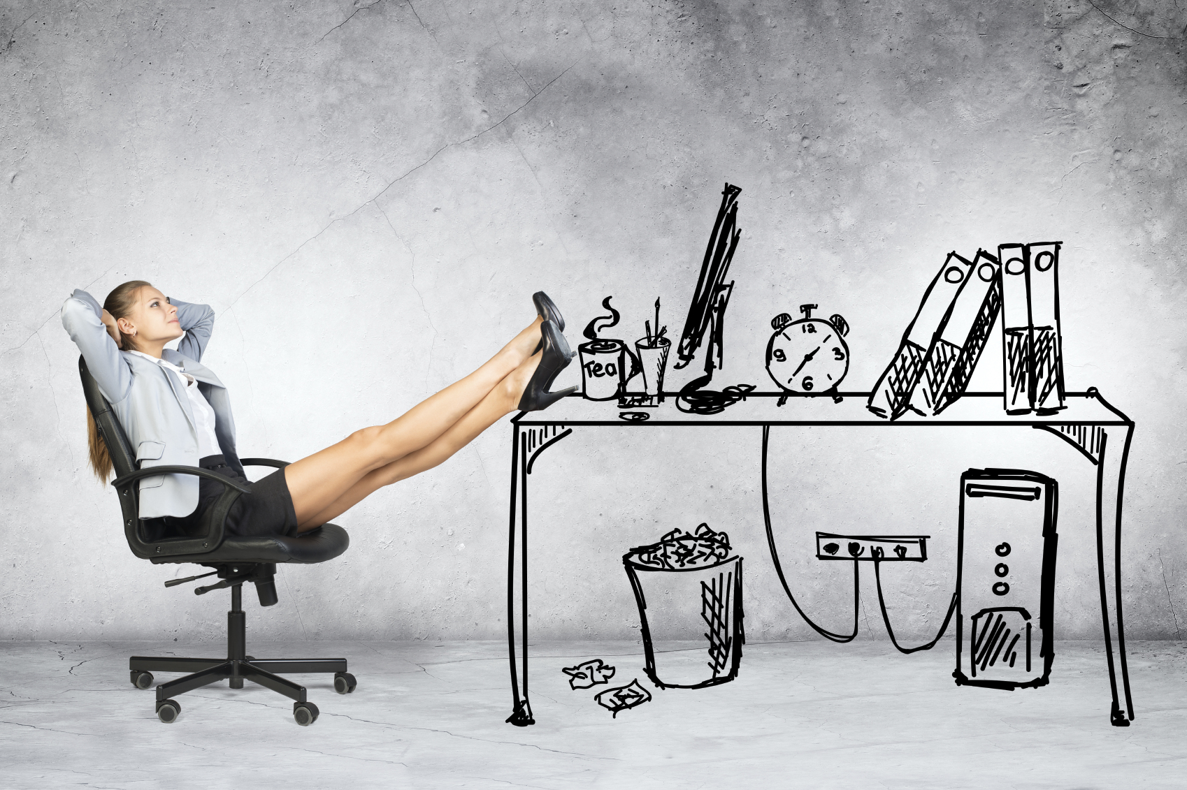 Businesswoman sitting on chair with legs up in drawn office