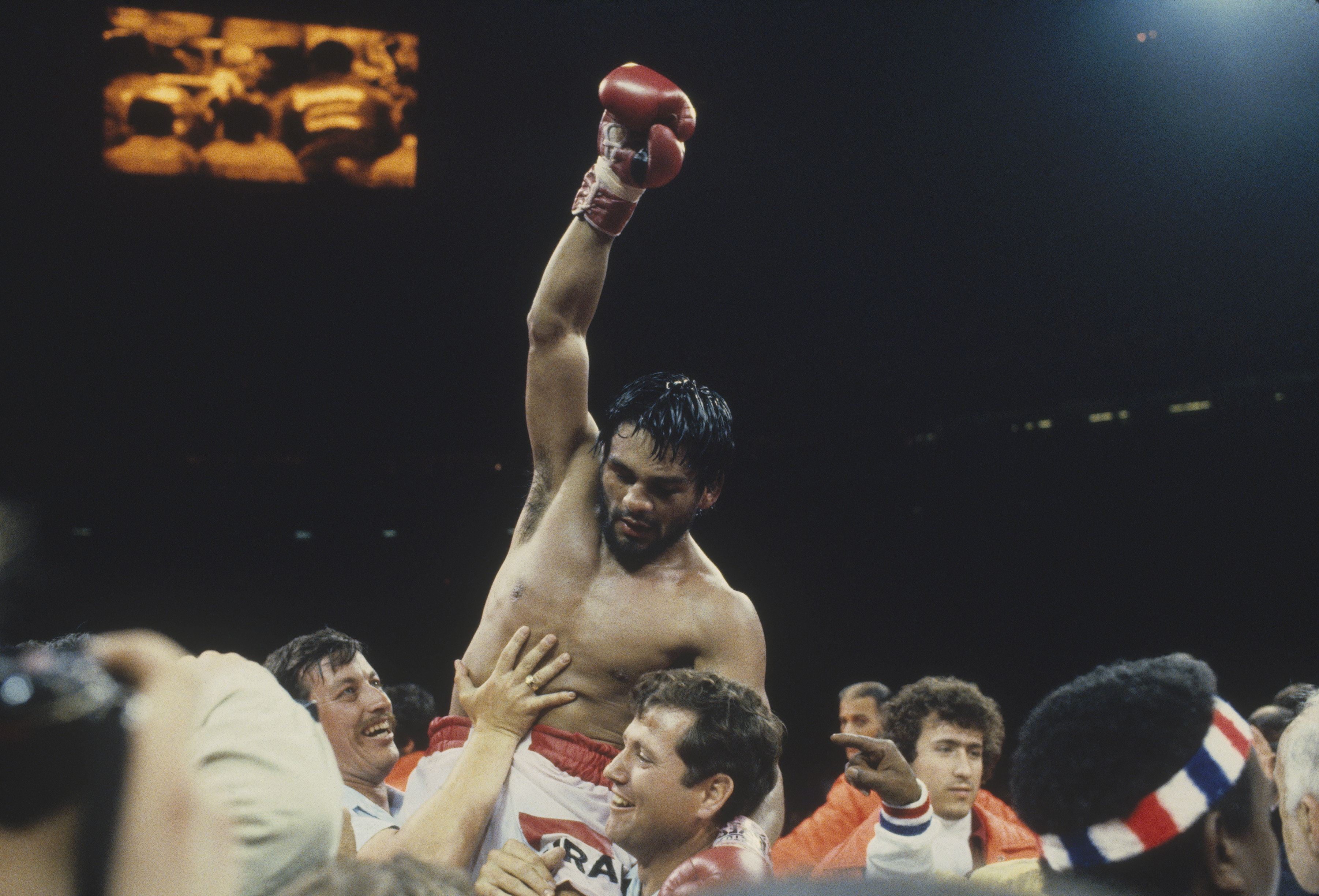 Caption: MONTREAL - CANADA - JUNE 20: Roberto Duran celebrates in the ring after he defeated "Sugar" Ray Leonard during their fight at The Forum in Montreal, Canada on June 20, 1980. Roberto Duran won on a 15-round decision to win the World WBC Welterweight Title. (Photo by Focus on Sport/Getty Images)