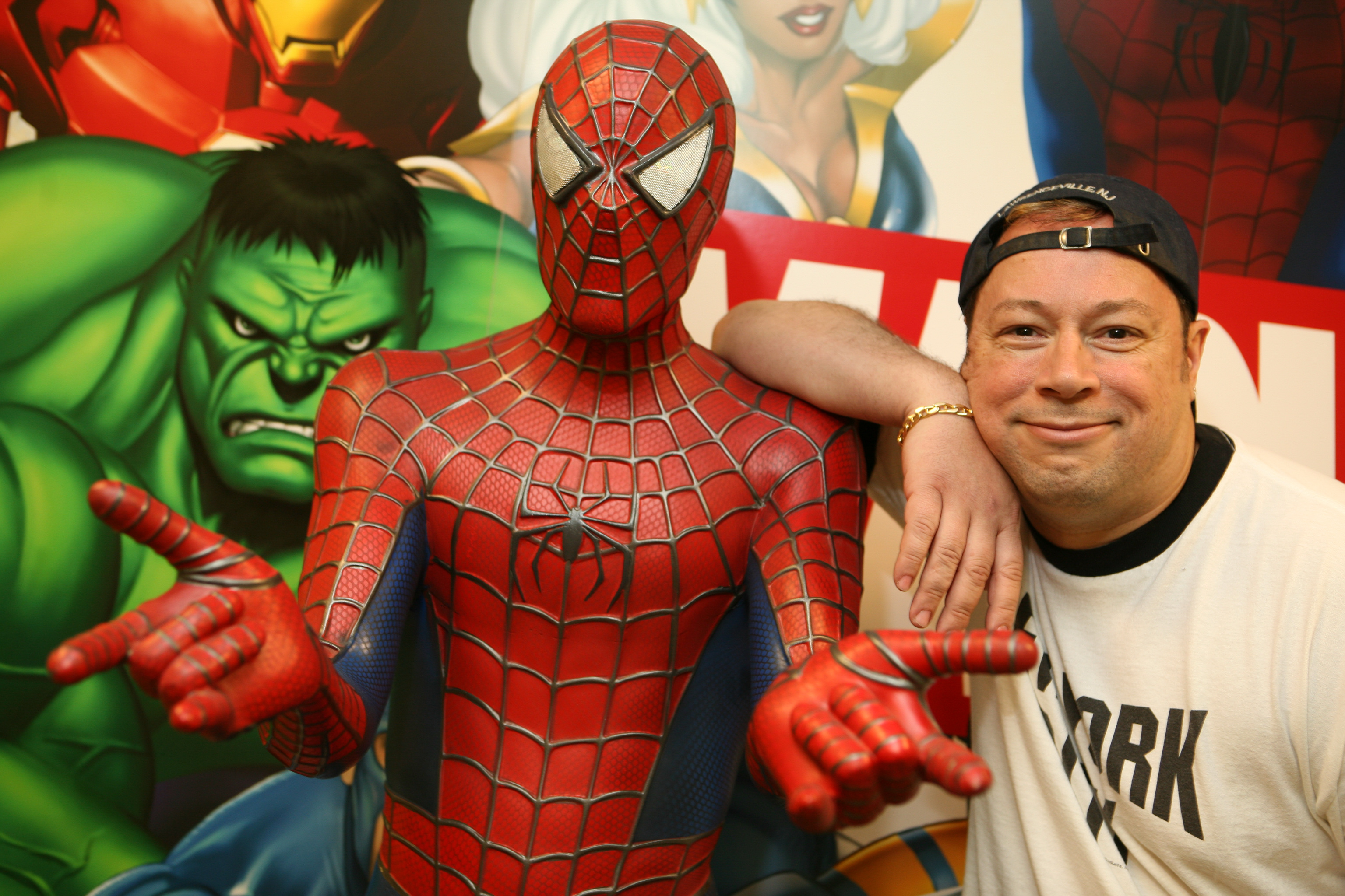 UNITED STATES - APRIL 24: Joe Quesada, Marvel Entertainment's editor in chief, leans on a statue of Spider-Man at Marvel's offices at 417 5th Avenue. (Photo by Enid Alvarez/NY Daily News Archive via Getty Images)