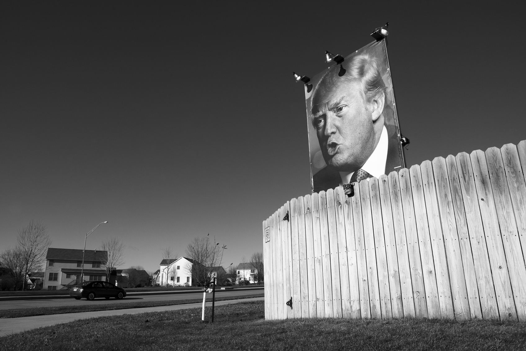 Des Moines, Iowa, United States – December 10, 2015: An ardent supporter of Donald Trump put up his own billboard at his home in West Des Moines, Iowa. December 10, 2015